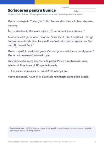 Previzualizare: Fișă de citire: „Scrisoarea pentru bunica”